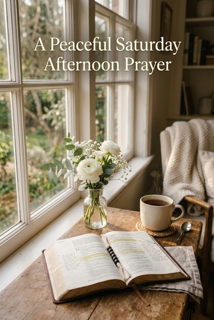 Peaceful Saturday afternoon prayer with open Bible and warm sunlight