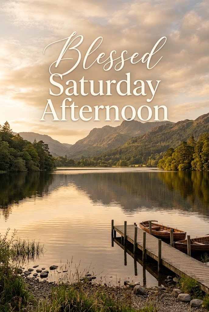 Blessed Saturday afternoon quote over a peaceful golden landscape