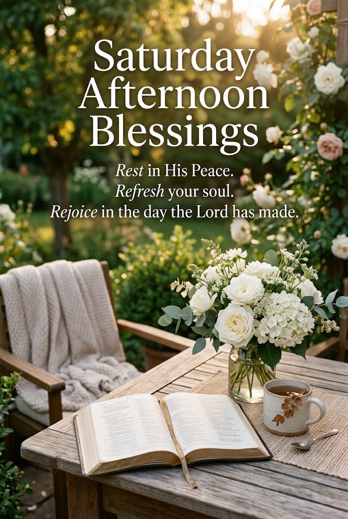 Saturday afternoon blessings with peaceful flowers, sunlight, and an open Bible