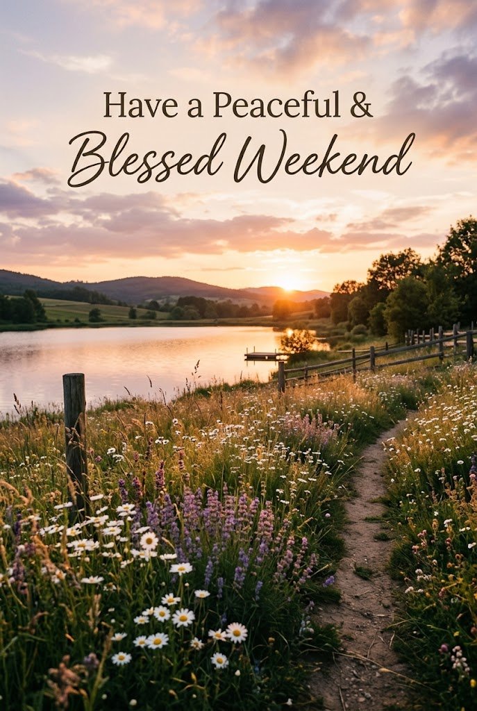 Peaceful blessed weekend greeting with Saturday afternoon sunset and flowers