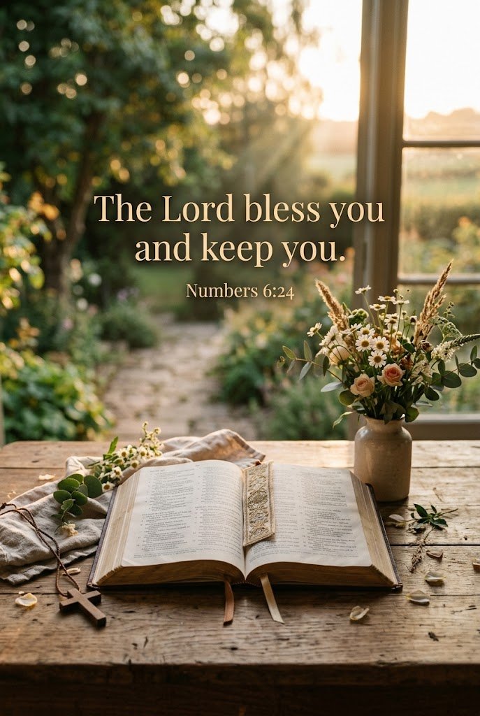 Saturday blessing Bible verse Numbers 6:24 with open Bible and flowers